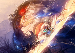 Rule 34 | 1boy, belt, bow (weapon), brown hair, cape, closed eyes, fate/grand order, fate (series), fur cape, glowing, glowing bow (weapon), glowing weapon, holding, holding bow (weapon), holding weapon, i-iv (longman), male focus, muscular, muscular male, official art, sam browne belt, smile, super orion (fate), sword, thick eyebrows, weapon
