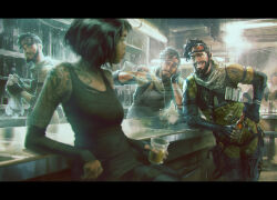 Rule 34 | 1girl, 3boys, apex legends, bar (place), beard, black eyes, black gloves, black hair, black tank top, bodysuit, commentary, cup, detached sleeves, elbow gloves, english commentary, facial hair, fingerless gloves, gloves, goggles, goggles on head, hair behind ear, hand on own hip, hethe srodawa, holding, holding cup, indoors, leaning to the side, letterboxed, looking at another, making-of available, mirage (apex legends), multiple boys, official art, parted lips, short hair, sleeves past wrists, smile, tank top, tattoo sleeve, yellow bodysuit