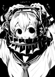 Rule 34 | 1girl, 4shi, arms up, bags under eyes, black background, black eyes, dango-chan (4shi), double bun, greyscale, hair between eyes, hair bun, hands on own head, high contrast, highres, holding, hollow eyes, horror (theme), imminent death, long sleeves, looking to the side, looking up, machinery, monochrome, motion lines, neckerchief, peril, raised eyebrows, sailor collar, saw (movie), school uniform, screw, serafuku, shadow, shirt, short hair, simple background, solid circle pupils, solo, trapped, upper body, upturned eyes
