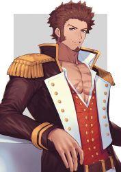 Rule 34 | 1boy, abs, arm rest, bara, beard, belt, blue eyes, brown hair, collar, epaulettes, facial hair, fate/grand order, fate (series), fringe trim, goatee, highres, jacket, long sideburns, long sleeves, looking at viewer, male focus, military, military uniform, muscular, napoleon bonaparte (fate), open clothes, open jacket, open shirt, pants, pectoral cleavage, pectorals, scar, sideburns, simple background, smile, solo, tight clothes, uniform, upper body, white pants, yusa (usa kotobuki)