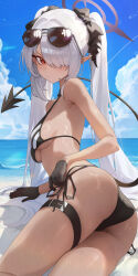 Rule 34 | 1girl, absurdres, ass, beach, bikini, black bikini, black footwear, blue archive, blue sky, breasts, bubble99, closed mouth, cloud, commentary, cowboy shot, dark-skinned female, dark skin, demon tail, expressionless, eyewear on head, grey hair, hair over one eye, halo, highres, iori (blue archive), iori (swimsuit) (blue archive), long hair, looking at viewer, multi-strapped bikini bottom, official alternate costume, outdoors, pointy ears, red eyes, revision, side-tie bikini bottom, sky, small breasts, solo, sunglasses, swimsuit, tail, thighs, twintails, underboob, v-shaped eyebrows