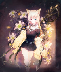 Rule 34 | :o, absurdres, an64239626, animal ear fluff, animal ears, arknights, bare legs, black choker, black dress, blonde hair, blue eyes, breasts, cat ears, choker, dress, eyebrows, flower, hair ornament, hairclip, heterochromia, highres, holding, holding polearm, holding spear, holding weapon, huge filesize, kneehighs, long hair, long sleeves, looking at viewer, medium breasts, multicolored background, nightmare (arknights), off shoulder, open mouth, parted lips, polearm, red eyes, short dress, sidelocks, socks, solo, spear, standing, sweater vest, third-party source, weapon, white flower, white socks, yellow flower, yellow sweater vest