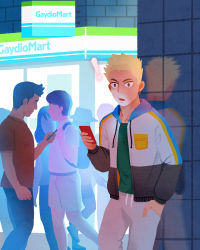 Rule 34 | !, 1boy, absurdres, black jacket, blonde hair, blue jacket, earrings, gaydio zrong, green shirt, grey pants, hand in pocket, highres, holding, holding phone, jacket, jewelry, jiu (gaydio zrong), male focus, multicolored clothes, multicolored jacket, open clothes, open jacket, open mouth, original, outdoors, pants, phone, shirt, short hair, white jacket
