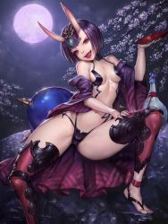 Rule 34 | 1girl, anklet, bare shoulders, barefoot, barefoot sandals (jewelry), breasts, cup, fang, fate/grand order, fate (series), gourd, hair ornament, highres, horns, jewelry, moon, ozma, purple eyes, purple hair, sakazuki, short hair, shuten douji (fate), sitting, small breasts, smile, solo, thighs
