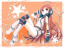 Rule 34 | 1girl, ahoge, android, bad id, bad pixiv id, blush, boots, gloves, headphones, hiiro (kikokico), joints, kiko, kneehighs, long hair, multicolored clothes, multicolored legwear, red eyes, red hair, robot joints, sf-a2 miki, smile, socks, solo, striped clothes, striped gloves, striped socks, striped thighhighs, thighhighs, vocaloid, wrist cuffs