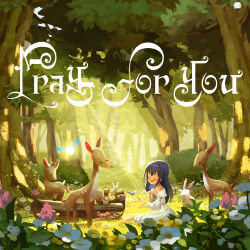 Rule 34 | 1girl, :d, absurdres, album cover, blush, bush, chibi, chipmunk, closed eyes, cover, deer, dress, facing another, flower, forest, grass, hair between eyes, hand on own chest, hand up, highres, idoly pride, light rays, long hair, meadow, nagase mana, nature, off-shoulder dress, off shoulder, official art, one side up, open mouth, purple hair, scenery, sitting, smile, solo, squirrel, tree, white dress, white flower