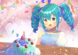 Rule 34 | 1girl, :d, ahoge, blue hair, bow, braid, breasts, brown eyes, cake, candle, collarbone, commission, confetti, copyright request, dress, fire, flower, food, frilled dress, frills, green hair, grey eyes, hair between eyes, hair bow, hand up, heterochromia, kou hiyoyo, multicolored hair, open mouth, pennant, plate, puffy short sleeves, puffy sleeves, purple bow, purple flower, purple rose, rose, short sleeves, sidelocks, skeb commission, small breasts, smile, solo, streaked hair, string of flags, table, twin braids, twintails, twitch logo, upper body, virtual youtuber, white dress