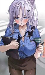 Rule 34 | 1girl, black necktie, black skirt, blue eyes, blush, breasts, clipboard, collarbone, highres, holding, holding clipboard, holding pen, large breasts, long hair, looking at viewer, messy hair, necktie, open mouth, original, outdoors, pantyhose, pen, police, police badge, police uniform, policewoman, ponytail, saya (mychristian2), shiny clothes, shiny legwear, skirt, solo, uniform, upper body, white hair