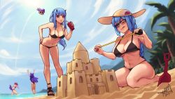 Rule 34 | 4girls, artist name, beach, bikini, black-framed eyewear, blue eyes, blue hair, braid, breasts, cleavage, collarbone, dated, day, glasses, hand on own hip, hat, highres, hoipus, horns, kneeling, large breasts, long hair, looking away, multiple girls, navel, one eye closed, original, outdoors, parted lips, poptepipic, purple hair, red eyes, sand, short hair, shovel, signature, standing, swimsuit, tongue, tongue out, water