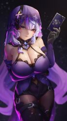 Rule 34 | 1girl, absurdres, bare shoulders, black gloves, black swan (honkai: star rail), breasts, card, cleavage, commentary request, cowboy shot, dress, elbow gloves, gam (lolaris g), gloves, hand up, highres, holding, holding card, honkai: star rail, honkai (series), large breasts, long hair, pantyhose, purple dress, purple hair, sleeveless, sleeveless dress, solo, standing, thighs, veil, very long hair