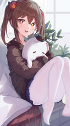 Rule 34 | 1girl, absurdres, alternate costume, blue skirt, boo tao (genshin impact), brown hair, brown hoodie, casual, contemporary, convenient leg, hugging doll, flower, flower-shaped pupils, genshin impact, hair flower, hair ornament, highres, hood, hoodie, hu tao (genshin impact), knees up, legs, long hair, long sleeves, looking at viewer, miniskirt, no shoes, hugging object, open mouth, pantyhose, red eyes, sidelocks, sitting, skirt, smile, snozaki, solo, stuffed animal, stuffed toy, symbol-shaped pupils, thighs, twintails, white pantyhose