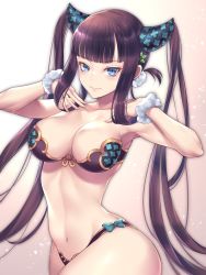 Rule 34 | 1girl, bare shoulders, bikini, black bikini, blue eyes, blunt bangs, blush, bow, breasts, breasts day, cleavage, closed mouth, collarbone, commentary request, detached sleeves, fate/grand order, fate (series), fingernails, gradient background, hair ornament, hands on own chest, hands up, highres, large breasts, leaf hair ornament, lips, long hair, looking at viewer, nasaniliu, navel, purple hair, scrunchie, shiny skin, sidelocks, smile, solo, stomach, swimsuit, thighs, twintails, very long hair, wrist scrunchie, yang guifei (fate)