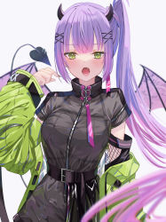 Rule 34 | 1girl, absurdres, belt, blush, bra visible through clothes, breasts, cowboy shot, demon girl, demon horns, demon tail, detached sleeves, fang, green eyes, highres, hololive, horns, long hair, long sleeves, looking at viewer, medium breasts, open mouth, piercing, purple hair, runlan 0329, see-through, short sleeves, side ponytail, sidelocks, simple background, solo, tail, tail ornament, tail piercing, tokoyami towa, tongue, tongue out, very long hair, virtual youtuber, white background, wide sleeves, wings, zipper pull tab