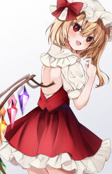 Rule 34 | absurdres, backless outfit, blonde hair, cowboy shot, dress, flandre scarlet, from behind, hair ribbon, hat, highres, looking at viewer, open mouth, red dress, red eyes, red ribbon, ribbon, side ponytail, simple background, touhou, white background, yuineko