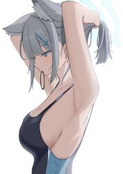 Rule 34 | 1girl, absurdres, animal ear fluff, animal ears, armpits, arms up, blue archive, blush, breasts, cleavage, competition swimsuit, cross hair ornament, extra ears, grey hair, hair ornament, halo, highres, large breasts, looking down, mouth hold, one-piece swimsuit, profile, rubber band, shiroko (blue archive), shiroko (swimsuit) (blue archive), sideboob, sidelocks, simple background, solo, swimsuit, terano naa, two-tone one-piece swimsuit, tying hair, upper body, white background, wolf ears