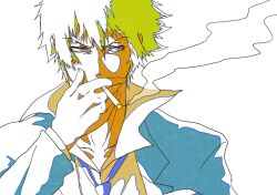 Rule 34 | 1boy, blue eyes, blue jacket, blue necktie, cel shading, chama kou, cigarette, collared shirt, commentary request, covered mouth, green hair, hair between eyes, hand up, holding, holding cigarette, jacket, kougami shin&#039;ya, lapels, layered sleeves, limited palette, long sleeves, looking to the side, loose necktie, male focus, necktie, notched lapels, partially colored, popped collar, psycho-pass, shirt, short hair, sideways glance, simple background, smoke, smoking, solo, upper body, white background