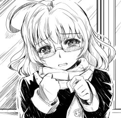 Rule 34 | 1girl, blush, crying, glasses, greyscale, kubocha, looking at viewer, monochrome, original, solo, tears