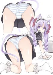 Rule 34 | 1girl, ?, animal ear fluff, animal ears, ass, black dress, bobby socks, bucket, cat ears, cat girl, cat tail, closed mouth, dress, highres, long hair, looking at viewer, looking back, maid, maid headdress, multiple views, no shoes, original, panties, parted bangs, pleated dress, puffy short sleeves, puffy sleeves, purinpurin, purple eyes, purple hair, ringlets, short sleeves, socks, spoken question mark, striped clothes, striped panties, tail, twintails, underwear, white legwear, wrist cuffs