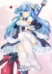 Rule 34 | 1girl, ;), absurdres, apron, azur lane, bare shoulders, black bow, black bowtie, black dress, blue hair, blush, bow, bowtie, breasts, clam, cleavage, closed mouth, clothes lift, detached sleeves, dress, dress lift, ebiko yaki, eyebrows, feet, finger to face, frilled apron, frilled dress, frills, garter straps, grey footwear, hair between eyes, hand up, heart, highres, leg up, lifting own clothes, long hair, long sleeves, maid, maid apron, maid headdress, medium breasts, neptune (azur lane), one eye closed, pink eyes, polearm, puffy long sleeves, puffy sleeves, raised eyebrow, shoes, single shoe, sleeve cuffs, smile, solo, standing, standing on one leg, strapless, strapless dress, thighhighs, tongue, tongue out, trident, two side up, waist apron, weapon, white thighhighs, zettai ryouiki
