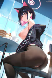 Rule 34 | 1girl, animal ears, ass, bare shoulders, black hair, black jacket, black pantyhose, blue archive, blush, breasts, cake, cat ears, chair, cleft of venus, closed mouth, colored inner hair, commentary request, cup, extra ears, feet out of frame, food, from behind, hair ornament, hairclip, halo, highres, indoors, jacket, kazusa (blue archive), large breasts, long sleeves, looking at viewer, looking back, misaka 12003-gou, multicolored hair, nipples, no panties, off shoulder, pantyhose, pink hair, pink halo, pussy, pussy juice, pussy peek, red eyes, short hair, sideboob, sitting, solo, table, thighband pantyhose, thighs, torn clothes, torn pantyhose, twitter username, two-tone hair, underboob