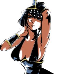 Rule 34 | arms up, black hair, blue eyes, bob cut, breasts, dark-skinned female, dark skin, eliza (skullgirls), finger to mouth, looking at viewer, parted lips, red lips, short hair, skullgirls, smile, tiara, ungly, upper body, white background, wrist guards