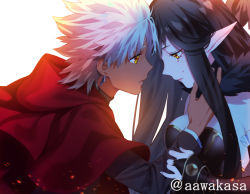 Rule 34 | 1boy, 1girl, amakusa shirou (fate), bare shoulders, black dress, black hair, breasts, bridal gauntlets, brown eyes, closed mouth, commentary request, crying, crying with eyes open, dark-skinned male, dark skin, dress, earrings, eye contact, fate/apocrypha, fate (series), fingernails, fur trim, hair between eyes, hand on another&#039;s face, hood, hood down, jewelry, large breasts, long hair, long sleeves, looking at another, pointy ears, profile, ryuuki (hydrangea), semiramis (fate), simple background, strapless, strapless dress, tears, twitter username, white background, white hair