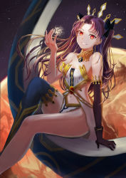 Rule 34 | 1girl, arm support, armlet, asymmetrical gloves, asymmetrical legwear, bare arms, bare legs, bare shoulders, black gloves, black hair, black ribbon, blue thighhighs, breasts, cleavage, clenched teeth, crown, earrings, elbow gloves, fate/grand order, fate (series), female focus, floating hair, gem, gloves, glowing, glowing eyes, grin, groin, hair ribbon, highres, hoop earrings, ishtar (fate), jewelry, knee up, legs, long hair, looking at viewer, magic, navel, neck, neck ring, orange eyes, planet, revealing clothes, ribbon, single elbow glove, single glove, single thighhigh, sitting, small breasts, smile, solo, space, strapless, teeth, teitei ch, thighhighs, thighlet, thighs, tohsaka rin, two side up, type-moon, uneven gloves, uneven legwear, waist cape