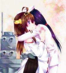 Rule 34 | 10s, 2girls, bad id, bad pixiv id, bare shoulders, black hair, blush, breasts, brown hair, cannon, detached sleeves, door to heaven, double bun, female admiral (kancolle), hair ornament, hairband, hat, headgear, hug, japanese clothes, kantai collection, kongou (kancolle), long hair, military, military uniform, multiple girls, naval uniform, nontraditional miko, open mouth, personification, ribbon-trimmed sleeves, ribbon trim, skirt, smile, turret, uniform