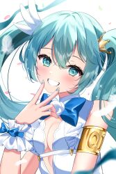 Rule 34 | 1girl, :d, aqua eyes, aqua hair, aqua nails, armlet, blue bow, blue bowtie, blush, bow, bowtie, breasts, center opening, cleavage, crown, grin, hatsune miku, highres, long hair, looking at viewer, nail polish, open mouth, parted lips, petals, simple background, sleeveless, small breasts, smile, solo, tsukimiya sara, twintails, upper body, v, very long hair, vocaloid, white background, wrist cuffs