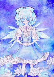 Rule 34 | 1girl, blue background, blue theme, cirno, colored eyelashes, daisy, eyelashes, female focus, flower, frills, interlocked fingers, lily pad, lolita fashion, lotus, miri, miri (tobira no mukou), own hands clasped, own hands together, ribbon, solo, standing, touhou