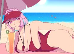 Rule 34 | beach, breasts, cleavage, drink, drinking straw, hair intakes, highres, hikikomoriamy, idolmaster, idolmaster cinderella girls, large breasts, lifeguard, looking to the side, lying, nail polish, pink eyes, pink hair, solo, swimsuit, thighs, yumemi riamu