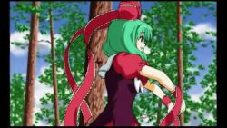 Rule 34 | 1girl, animated, animated gif, blue sky, cloud, cloudy sky, dancing, forest, green hair, hair ornament, kagiyama hina, long hair, nature, open mouth, outdoors, puffy short sleeves, puffy sleeves, short sleeves, sky, smile, solo, standing, tagme, touhou, tree, walking
