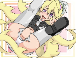 Rule 34 | 1girl, alternate color, blonde hair, blush, breasts, covering privates, eito, filia (skullgirls), futakuchi-onna, glowing, glowing eyes, hip focus, impossible clothes, impossible shirt, lab zero games, large breasts, long hair, lying, miniskirt, navel, necktie, on back, open mouth, panties, pantyshot, prehensile hair, purple eyes, samson (skullgirls), shirt, simple background, skirt, skullgirls, smile, solo, teeth, thick thighs, thighhighs, thighs, underwear, upskirt, v, very long hair, white thighhighs, wide hips