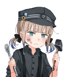 Rule 34 | 1girl, badge, black hat, black shirt, blonde hair, blue eyes, blue hair, button badge, captain nemo (fate), closed mouth, collared shirt, commentary request, dirty, dirty face, engineer nemo (fate), fate/grand order, fate (series), frown, gomennasai, gradient hair, hammer, hat, mechanic, multicolored hair, nemo (fate), overalls, shirt, short twintails, simple background, sleeves rolled up, solo, striped clothes, striped shirt, twintails, upper body, v-shaped eyebrows, white background, wrench