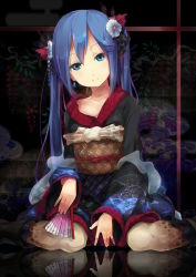 Rule 34 | 1girl, aqua eyes, blue hair, earrings, hand fan, flower, folding fan, hair flower, hair ornament, hatsune miku, head tilt, highres, japanese clothes, jewelry, kimono, long hair, looking at viewer, obi, ogipote, reflection, sash, sitting, smile, solo, twintails, vocaloid, wariza