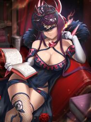 Rule 34 | 1girl, absurdres, bare shoulders, blush, book, breasts, brooch, burnt green tea, cape, chalice, cleavage, couch, crossed legs, cup, elbow gloves, elbow rest, feather trim, fire, fire emblem, fire emblem engage, fishnet thighhighs, fishnets, floral print, flower, flower brooch, gloves, green eyes, highres, holding, holding book, ivy (fire emblem), jewelry, large breasts, mole, mole under mouth, nintendo, on couch, open book, purple hair, red flower, red rose, rose, sitting, solo, spikes, steam, thighhighs, thorn print, watermark, white gloves