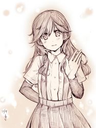 Rule 34 | 10s, 1girl, arashio (kancolle), arm behind back, arm warmers, bad id, bad twitter id, blush, buttons, hair over shoulder, kantai collection, keionism, long hair, looking at viewer, monochrome, pleated skirt, school uniform, shirt, short sleeves, skirt, smile, solo, suspenders, swept bangs, waving arm, wavy hair, white shirt