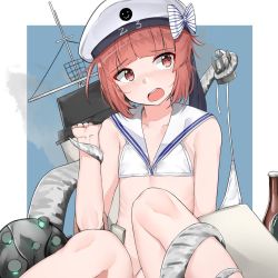 Rule 34 | 10s, 1girl, :o, abyssal ship, anchor, antennae, arm at side, assisted exposure, bad id, bad pixiv id, bare shoulders, beret, bikini, blue background, bottle, bow, character name, clothes writing, collarbone, creature, enemy naval mine (kancolle), eyebrows, flat chest, hat, hat bow, hat ornament, head tilt, holding another&#039;s wrist, kantai collection, knees up, looking to the side, machinery, open mouth, red eyes, red hair, round teeth, sailor bikini, sailor collar, side-tie bikini bottom, simple background, sitting, smiley face, solo, striped, striped bow, surprised, suzuharu toufu, swimsuit, teeth, tentacles, untied bikini, unworn bikini bottom, white bikini, white hat, z3 max schultz (kancolle)