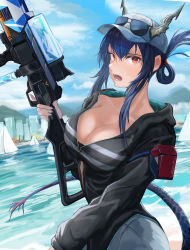 Rule 34 | 1girl, absurdres, arknights, bad id, bad pixiv id, baseball cap, black jacket, blue hair, boat, breasts, ch&#039;en (arknights), ch&#039;en the holungday (arknights), cleavage, commentary, dragon horns, dragon tail, eyewear on head, folded ponytail, hair between eyes, hand up, hat, highres, holding, holding water gun, horns, jacket, large breasts, long hair, long sleeves, looking at viewer, nibiiro (deep 4242), official alternate costume, open mouth, outdoors, red eyes, sidelocks, solo, sunglasses, tail, upper body, water, water gun, watercraft, white hat