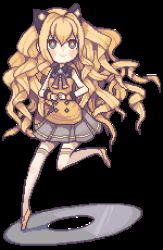 Rule 34 | 1girl, animal ears, bare shoulders, blonde hair, blue eyes, blush, bow, bowtie, cd, chibi, curly hair, full body, leg up, long hair, lowres, own hands together, pixel art, seeu, skirt, smile, solo, symbol-shaped pupils, thighhighs, transparent background, very long hair, vocaloid, white thighhighs, zettai ryouiki