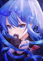 Rule 34 | 1girl, absurdres, barbell piercing, black gloves, black nails, blue eyes, blue hair, covering own mouth, ear piercing, gloves, hands up, highres, holding, holding ribbon, hololive, hoshimachi suisei, hoshimachi suisei (shout in crisis), industrial piercing, long hair, long sleeves, looking at viewer, nail polish, official alternate costume, piercing, ponytail, ribbon, single glove, solo, star (symbol), star in eye, strap, symbol in eye, tsumurimai, veil, virtual youtuber