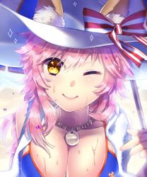Rule 34 | 10s, 1girl, animal ears, bare shoulders, bikini, blue bikini, breasts, cleavage, close-up, ears through headwear, fate/extra, fate/grand order, fate (series), fox ears, grey (artist3856499), hair between eyes, hat, highres, holding, holding umbrella, large breasts, lips, long hair, looking at viewer, one eye closed, pink hair, smile, solo, sun hat, swimsuit, tamamo (fate), tamamo no mae (fate/extra), tamamo no mae (swimsuit lancer) (fate), tamamo no mae (swimsuit lancer) (third ascension) (fate), umbrella, upper body, wet, wet clothes, white hat, yellow eyes