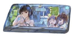 Rule 34 | 10s, 1boy, 3girls, aged down, alternate hairstyle, black eyes, black hair, blouse, blunt bangs, blurry, blurry background, brown eyes, brown hair, car interior, closed eyes, closed mouth, commentary, driving, family, father and daughter, girls und panzer, goripan, hair up, head rest, highres, husband and wife, light smile, looking at another, looking at viewer, mother and daughter, motion blur, motor vehicle, multiple girls, nishizumi maho, nishizumi miho, nishizumi shiho, nishizumi tsuneo, open mouth, pickup truck, rear-view mirror, shirt, short sleeves, siblings, sisters, smile, tank top, truck, white shirt