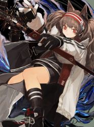 Rule 34 | 1girl, angelina (arknights), animal ears, arknights, bad id, bad pixiv id, black gloves, black socks, brown hair, dutch angle, gloves, grey jacket, hairband, highres, holding, jacket, long hair, long sleeves, orrdriver, red eyes, red hairband, shoes, sneakers, socks, solo, twintails