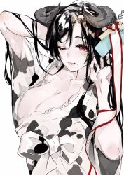 Rule 34 | 1girl, animal print, breasts, chinese zodiac, cleavage, cow horns, cow print, dress, hand up, hands up, highres, horn ornament, horns, large breasts, looking at viewer, mole, mole under mouth, neko (ganecooo), one eye closed, original, pink eyes, simple background, smile, solo, upper body, white background, white dress, year of the ox