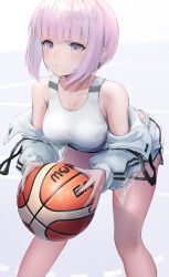 Rule 34 | 1girl, ball, bare shoulders, basketball, bent over, blunt bangs, breasts, commentary, feet out of frame, highres, holding, holding ball, medium breasts, off shoulder, original, parted lips, pink hair, purple eyes, short hair, short shorts, shorts, solo, standing, sthk, thigh strap, thighs, white shorts