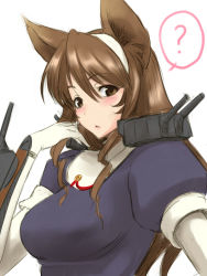 Rule 34 | 10s, 1girl, ?, animal ears, ashigara (kancolle), blush, breasts, brown eyes, brown hair, elbow gloves, gloves, gochou (kedama), hairband, kantai collection, long hair, looking at viewer, open mouth, personification, simple background, solo, white background