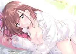 Rule 34 | 1girl, :o, atlanta (kancolle), bed, black eyes, blush, breasts, breasts squeezed together, brown hair, cleavage, dress shirt, hair down, kantai collection, large breasts, long hair, long sleeves, looking at viewer, lying, mikage takashi, naked shirt, on bed, on side, open mouth, pillow, pov across bed, shirt, solo, sunlight, twitter username, white shirt