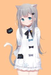Rule 34 | 1girl, :3, animal ears, arms behind back, black bow, blue bow, blue eyes, blush, bow, brown background, cat ears, cat girl, cat tail, closed mouth, commentary, deyui, dress, grey bow, grey hair, hair ornament, hairclip, highres, indie virtual youtuber, long hair, looking at viewer, nachoneko, romaji commentary, short sleeves, signature, simple background, solo, tail, tail raised, very long hair, virtual youtuber, white dress