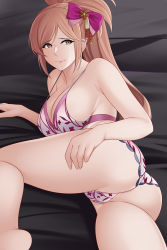 Rule 34 | 1girl, absurdres, aslindsamure, ass, bed sheet, bra, breasts, eyelashes, floral print, frilled panties, frills, hair ribbon, hand on own hip, highres, hip focus, large breasts, leg up, legs, lingerie, lipstick, long hair, looking at viewer, makeup, oichi, oichi (pokemon conquest), oichi (sengoku musou), panties, pokemon, pokemon conquest, ponytail, red eyes, red hair, ribbon, sengoku musou, solo focus, spread legs, thighs, underwear